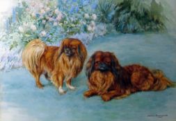 Beatrice Parsons (1870-1955) Watercolour drawing Study of two Pekingese dogs in garden,
