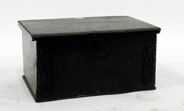 18th century oak bible box with scrollwork carving,