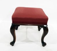 Victorian upholstered square top mahogany stool with carved cabriole legs,