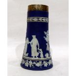 Wedgwood blue jasperware vase of tapering cylindrical form, with silver collar, Birmingham 1905,
