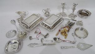 Large quantity of silver plate to include trays, flatware, pair of silver candlesticks,