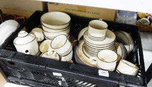 Denby part dinner and tea service, oatmeal ground with brown trim, includes cups, saucers, plates,