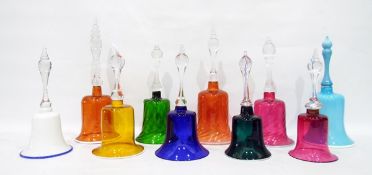 Collection of 10 assorted glass bells of various designs and colours,