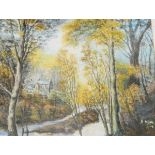 After R Holgate Colour print Autumnal woodland scene, house in background, river running through,