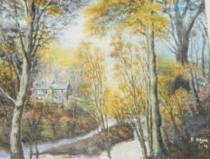 After R Holgate Colour print Autumnal woodland scene, house in background, river running through,