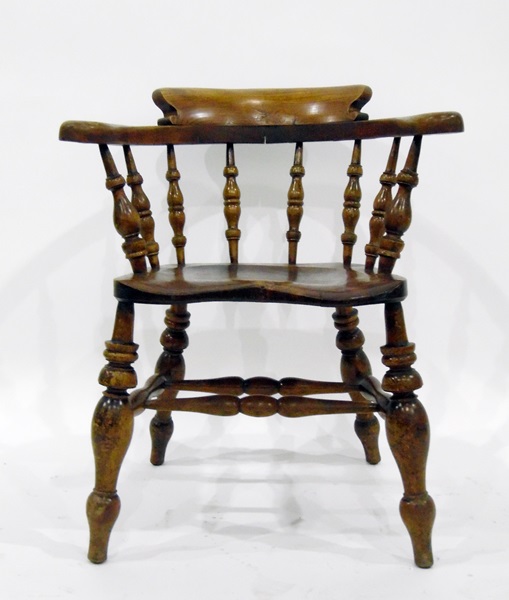 19th century hardwood smoker's bow armchair with baluster turned uprights and H-stretcher