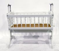 20th century baby's white painted wood swinging cradle with turned baluster supports,
