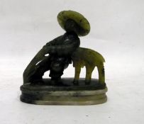 Carved jade figure of a man with sheaf of corn, on plinth base,