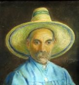 20th century school Pastel on board Head and shoulders portrait of a man in a sunhat,