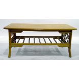 Modern pale wood rectangular top coffee table with slatted undershelf, on turned supports,
