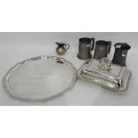 Three pewter tankards, a silver plated tray,