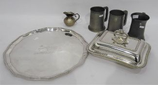 Three pewter tankards, a silver plated tray,