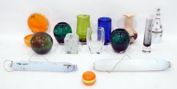 Quantity of glassware including a pair of green glass ovoid vases, two Victorian glass rolling pins,