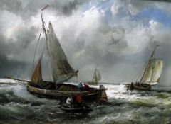 Unattributed (20th century) Oil on board Boats in a choppy sea with figures in a rowing boat in the
