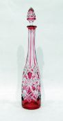 Flash cut cranberry glass decanter of slender proportions,