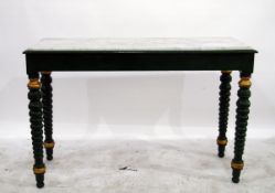Green painted washstand with marble inset top, the supports turned and with gilt painted detail,