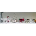 Quantity of glassware including a cranberry glass jug, a cut glass fruit bowl with plated mounts,