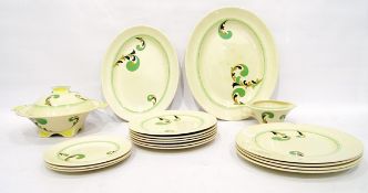 Royal Doulton Art Deco part table service decorated with green and brown scrolls on a cream ground,