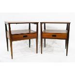 Pair of Nathan quality contemporary rectangular top side tables with open shelves and frieze