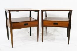 Pair of Nathan quality contemporary rectangular top side tables with open shelves and frieze