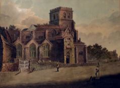Circle of William Payne Watercolour drawing Figures on lane in front of parish church,