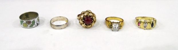 14ct gold costume ring, set with diamond, sapphire and ruby coloured stones,