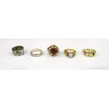 14ct gold costume ring, set with diamond, sapphire and ruby coloured stones,