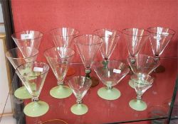 Set of five 20th century cocktail glasses, fluted with coloured bases and a set of eight similar