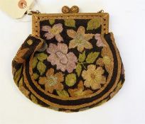 Vintage evening bag embroidered with flowers, fixed frame, ball fastening and a chain handle