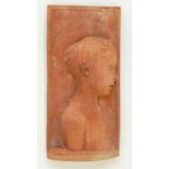 Carved red stone wall plaque depicting an angel, rectangular, 50cm x 25cm