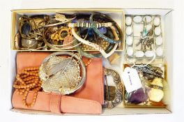 Costume jewellery to include belt buckles, a silver-coloured chain purse, bangles, beaded
