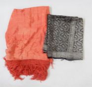 Black and silver thread embroidered Indian shawl and an coral embroidered shawl with a deep