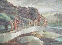 Doris Ann Goodchild  Oil on board "Wind Sculptured Trees, Kenmare", labelled verso, 28cm x 37cm