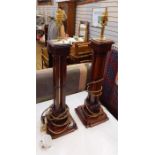 Pair stained wood and brass table lamps, each square section with pierced borders, quadruple