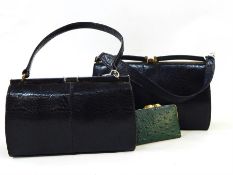 Two black vintage snakeskin fixed-frame handbags and a green leather ostrich purse (3)