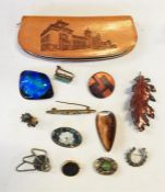 Assorted 20th century brooches, clip-on earrings, silver horseshoe brooch, 9ct gold bar brooch, an