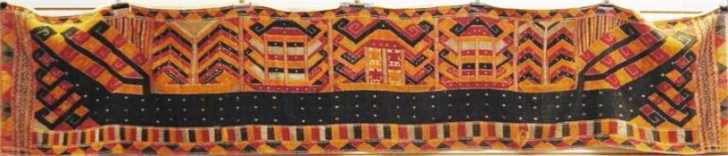 Batak Indonesian Sumatra woven hanging depicting a boat, with geometric decoration, in black, ochre,