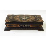 19th century glove box, rectangular papier mache box with mother-of-pearl and gilt highlighted