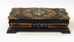 19th century glove box, rectangular papier mache box with mother-of-pearl and gilt highlighted