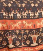 Indonesian Sumba woven hanging decorated with horse and other motifs and stylised trees,  in