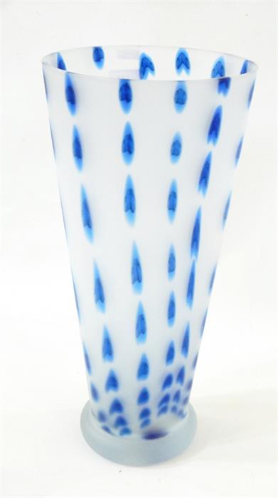 Large 20th century glass vase, tapering form, translucent with blue dot decoration, 40cm high