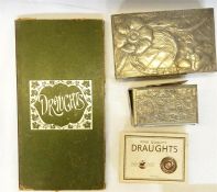 Pewter mounted rectangular box, floral decorated, a card box enclosing two packs of cards, a box
