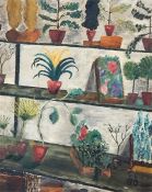 20th century school Oil on canvas Study of plants on shelves, unsigned, 60cm x 50cm