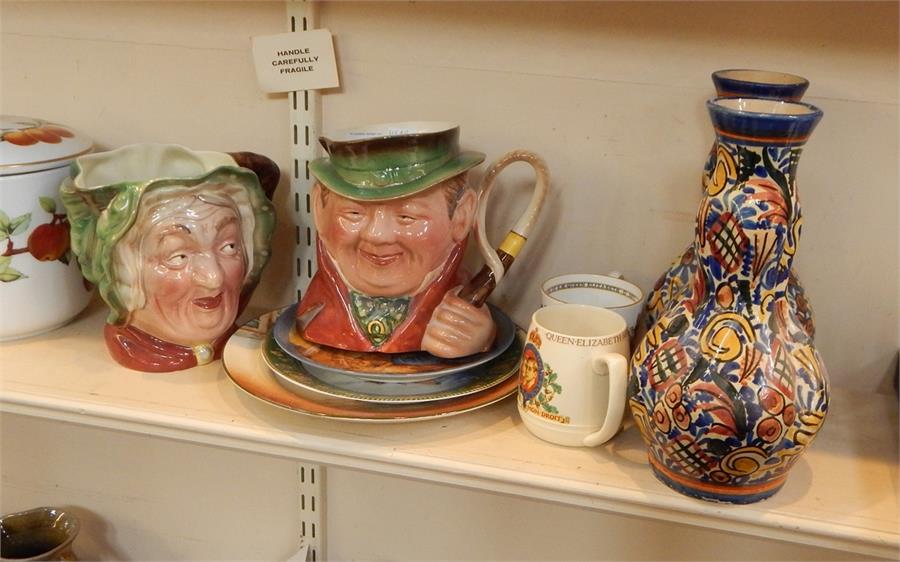 Two Beswick character jugs, collectors plates, commemorative mugs and other decorative items