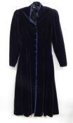Vintage Laura Ashley velvet coat dress, shaped, with full skirt, fitted bodice, blue satin
