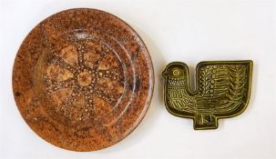 Studio pottery circular dish, brown treacle glazed with floral motif to centre, 32.5cm diameter