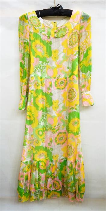 Late 1960's/early 70's Peter Collins chiffon ballet length dress in psychedelic pattern of pinks and
