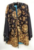 Black satin summer robe style Chinese embroidered coat with gold thread embroidery all over, showing