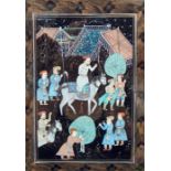 Persian painting depicting bugle figures on horseback near tents, 32cm x 25cm (2)