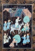 Persian painting depicting bugle figures on horseback near tents, 32cm x 25cm (2)